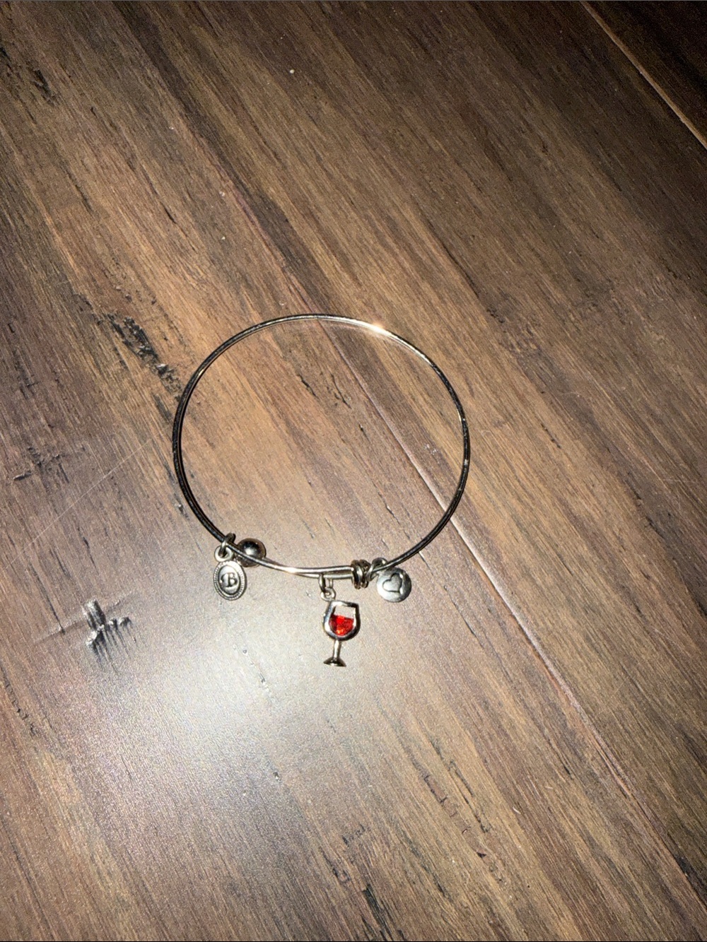Silver Wine Glass Charm Bangle Bracelet - Red Accent